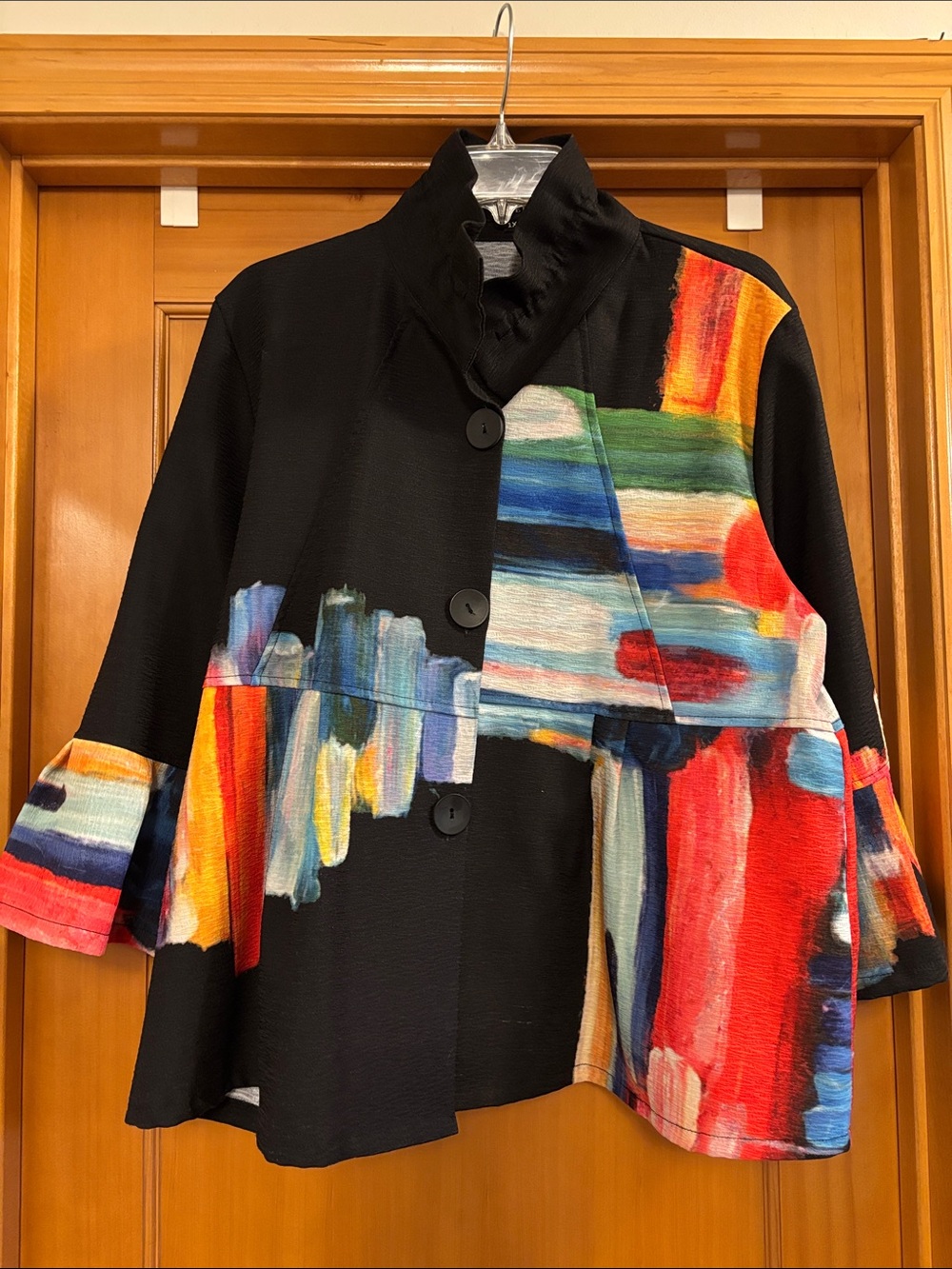 Damee Peplum Black Jacket with Colorful Brushstroke Panels